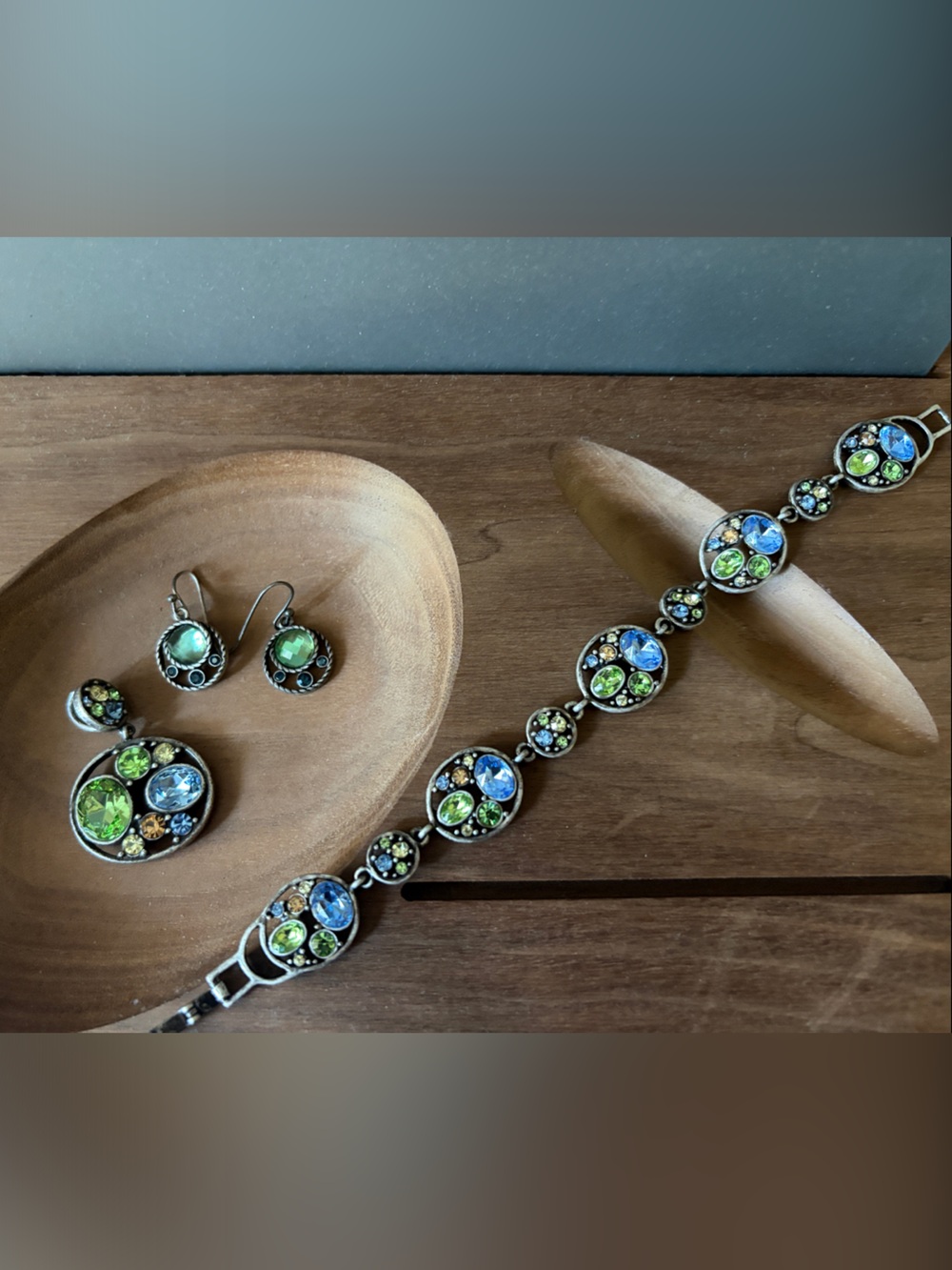 Three piece setLia Sophia Blue and Green Crystal Bracelet with Matching Earrings